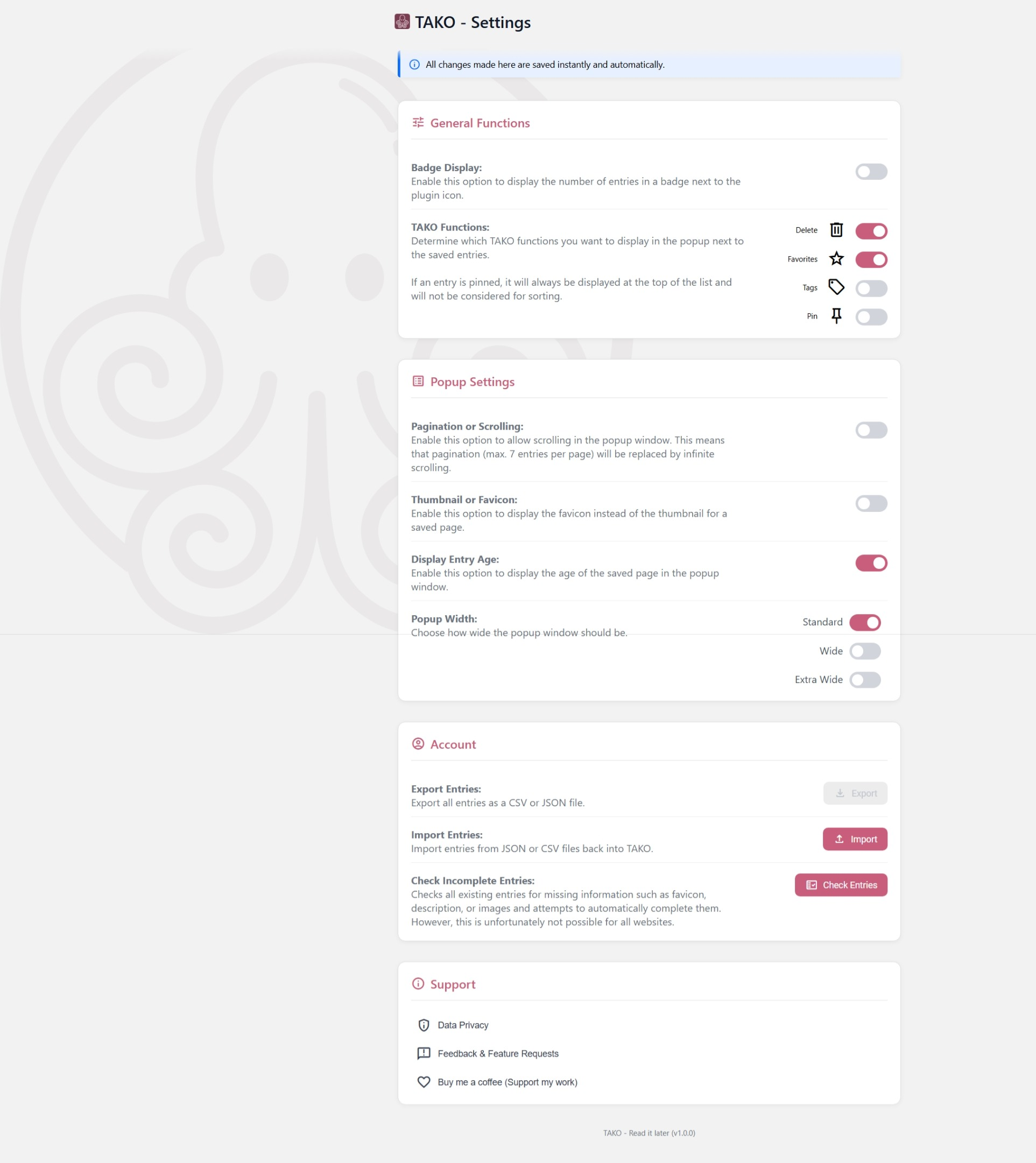 TAKO Settings Page